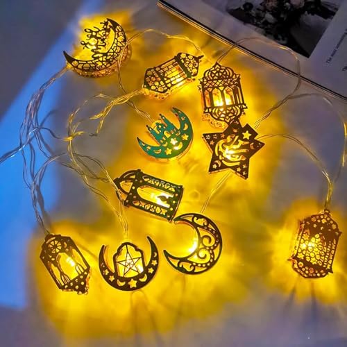 Ramadan Lichterkette, 1.5M 10 LED Lichterkette Innen Batterie Warmweiß Muslim Ramadan Deko, Eid Mubarak Dekoration Ramazan Laterne, Stern Mond Lichterketten für Festival, Party Lichtervorhang, Golden Ramadan Lichterkette, 1.5M 10 LED Lichterkette Innen Batterie Warmweiß Muslim Ramadan Deko, Eid Mubarak Dekoration Ramazan Laterne, Stern Mond Lichterketten für Festival, Party Lichtervorhang, Golden von Kimuwote