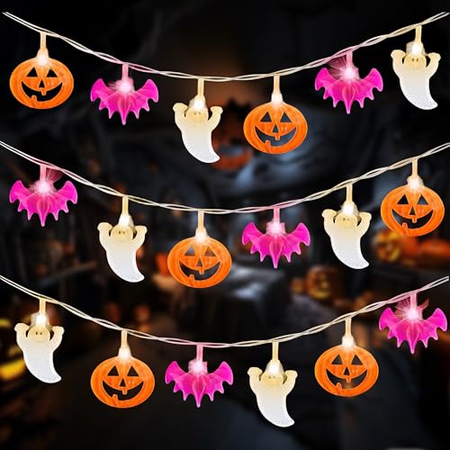 Kimuwote Halloween Lichterkette, 3 Meter 30 LED Lichterkette Batterie, Kürbisse Lila Fledermäuse Weiße Geister Lichterkette für Außen Innen Party Garden Halloween Deko Kimuwote Halloween Lichterkette, 3 Meter 30 LED Lichterkette Batterie, Kürbisse Lila Fledermäuse Weiße Geister Lichterkette für Außen Innen Party Garden Halloween Deko von Kimuwote