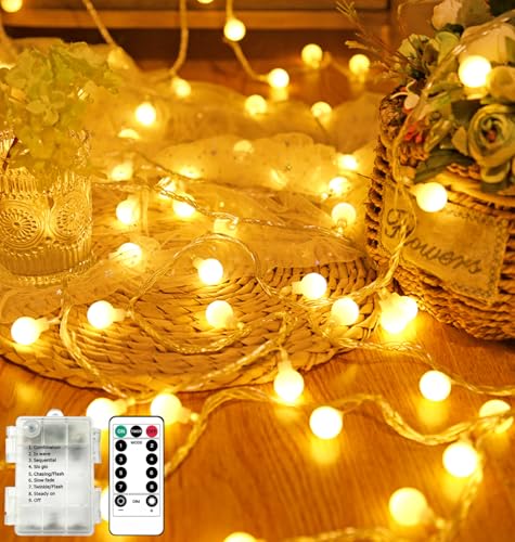 LED Lichterkette Batterie, 10M 100LED Lichterketten Innen, 8 Modi Dimmbar mit Timer, Wasserdicht, Kugel Lichterkette ideal für Außen/Innen, Weihnachten, Hochzeit, Party, Garten (Warmweiß) von Kimuwote