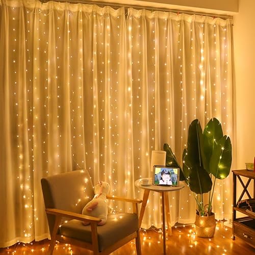 Lichtervorhang 3x3m 300LED Lichterketten Vorhang, USB LED Lichterkettenvorhang mit 8 Modi, Dimmbar Lichtervorhang Innen Außen Deko für Wand Valentinstag, Ramadan, Hochzeit, Weihnachten (Warmweiß) von Kimuwote