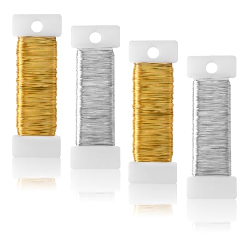 0,35mm x 200m Basteldraht Dünn Silber Gold, 4 Rollen Dünner Draht zum Basteln Blumendraht Draht zum Dekorieren Schmuckdraht für Floristik Schmuckherstellung Bastelarbeiten Handwerk((50m/Rolle)) von KineticKraft