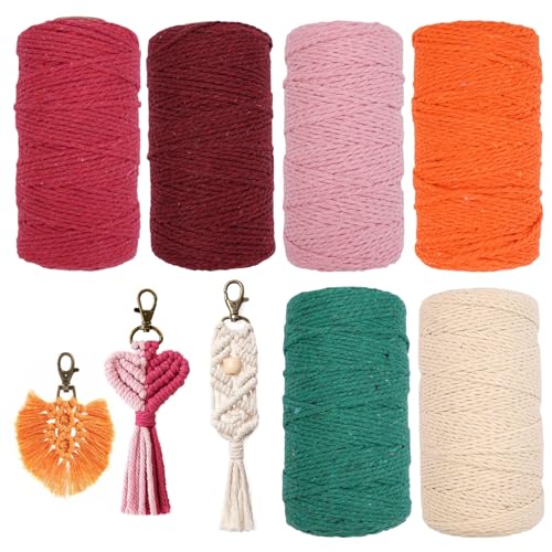 KineticKraft Makramee Garn 2mm x 100m Baumwolle, 6 Stück, Bunt und Natur, DIY Handwerk, Dekoration, Hängepflanze Aufhänger von KineticKraft