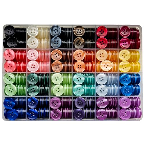24 Farben Knöpfe Set - Größe: 15 mm 24L - 480 Stück mit runden 4-Loch Knopf aus Kunstharz Perlglanz in praktischer Aufbewahrungsbox von King of Trade
