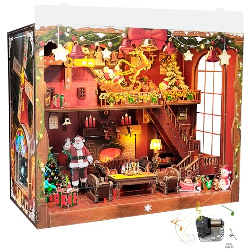 DIY Joyful Christmas Night Miniatur Book Nook, Cozy Christmas House Modell, Horizontale 3D Montage Buchstütze, mit Spieluhr, Geeignet für Erwachsene von KingStora