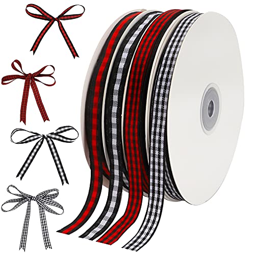 Kingovalley Geschenkband für Weihnachten, 1 cm x 45,7 m, Schwarz / Rot / Büffelkariert, kariert, Schwarz / Weiß von Kingovalley