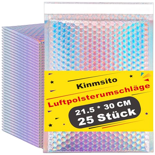 Kinmsito 25 Stück Poly Bubble Mailer,Luftpolsterumschläge Holographisch,Selbstklebende Gepolsterte Umschläge,Versandtaschen mit Luftpolsterfolie,Briefumschläge Bubble Mailers für Verpackung(21,5x30cm) von Kinmsito