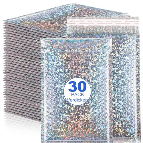 Kinmsito 30 Stück Luftpolsterumschläge Holographisch,Luftpolstertaschen Selbstklebend,Luftpolster Versandtaschen,Wasserdichte Gepolsterte Umschläge für Verpackung Aufbewahrung(18x29cm,Silber) von Kinmsito