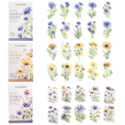 Kinretixia 60 teiliges Aquarell Blumenaufkleber Set, wasserfest, transparent, botanische Blumen Journaling Aufkleber für Scrapbook, Junk Journal Zubehör, Bullet Journals von Kinretixia