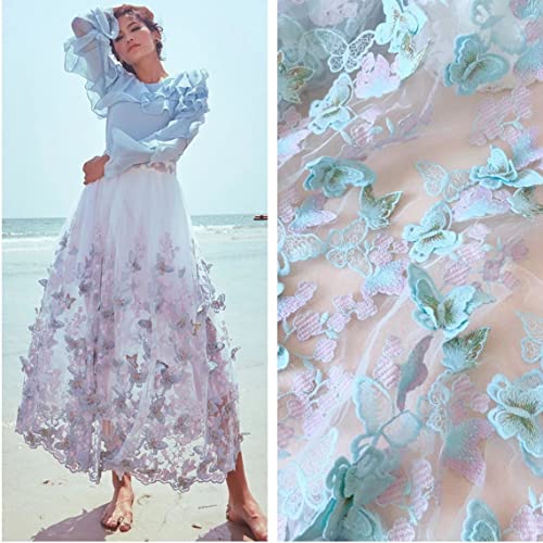 130 cm Breite 3D Schmetterling Blumen Blume bestickt Tüll Spitze Stoff Mesh Spitzenstoff von The Yard für DIY handgefertigte Kleidung Hochzeitskleid Heimdekoration (2,7 m, Hellblau) von Kinsde