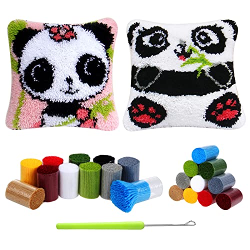 Kinsinder 2 Stück Kissenbezug Knüpfset Panda, Knüpfkissen Set, Knüpfteppich Zum Selber Knüpf-Sets, DIY Knüpfteppich Knüpfpackung, Latch Hook Kits für Kinder und Erwachsene von Kinsinder