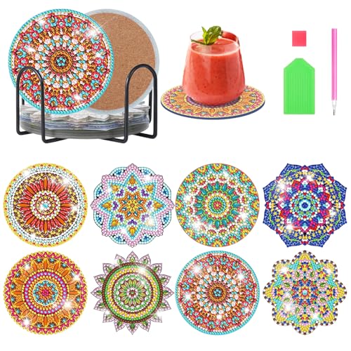 Kinsinder 8Pcs Diamond Painting Untersetzer, DIY Diamant Art Untersetzer mit Halter, Runde Diamant Malerei Untersetzer für Anfänger Erwachsene Kinder Crafting Projekte (Mandala) von Kinsinder