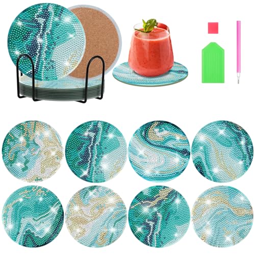 Kinsinder 8Pcs Diamond Painting Untersetzer, DIY Diamant Art Untersetzer mit Halter, Runde Diamant Malerei Untersetzer für Anfänger Erwachsene Kinder Crafting Projekte (Meereswellen) von Kinsinder