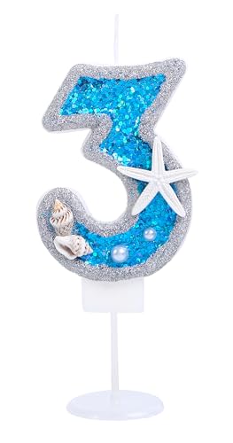 Kinsynko 7,1 cm Geburtstagskerzen Zahlen 3 Blau und Silber Glitzer Groß Happy 3rd Birthday Cake Topper für drei Jahre Geburtstag Hochzeit Jahrestag Party Kuchen Dekoration von Kinsynko