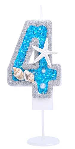 Kinsynko 7,1 cm Geburtstagskerzen Zahlen 4 Blau und Silber Glitzer Groß Happy 4th Birthday Cake Topper für vier Jahre Geburtstag Hochzeit Jahrestag Party Kuchen Dekoration von Kinsynko