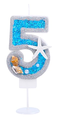 Kinsynko 7,1 cm Geburtstagskerzen Zahlen 5 Blau und Silber Glitzer Groß Happy 5th Birthday Cake Topper für fünf Jahre Geburtstag Hochzeit Jahrestag Party Kuchen Dekoration von Kinsynko