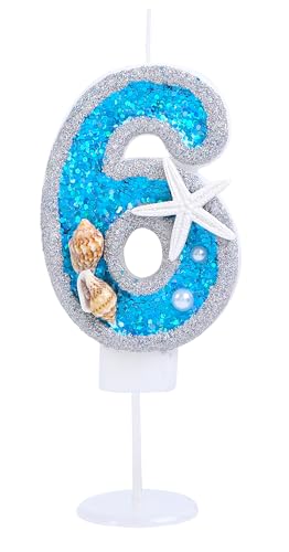 Kinsynko 7,1 cm Geburtstagskerzen Zahlen 6 Blau und Silber Glitzer Groß Happy 6th Birthday Cake Topper für sechs Jahre Geburtstag Hochzeit Jahrestag Party Kuchen Dekoration von Kinsynko