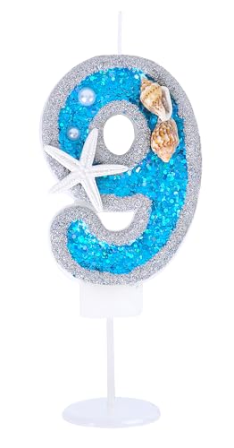Kinsynko 7,1 cm Geburtstagskerzen Zahlen 9 Blau und Silber Glitzer Groß Happy 9th Birthday Cake Topper für neun Jahre Geburtstag Hochzeit Jahrestag Party Kuchen Dekoration von Kinsynko