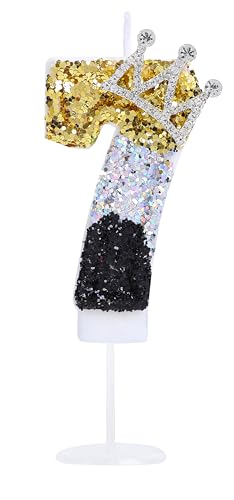 Kinsynko Geburtstagskerze Zahl 7 für Mädchen Kleine Prinz Prinzessin, 3D Krone Nummer 7 Kerze für 7 Geburtstag Party Dekoration, Schwarz Silber und Gold Glitzer Kinsynko Geburtstagskerze Zahl 7 für Mädchen Kleine Prinz Prinzessin, 3D Krone Nummer 7 Kerze für 7 Geburtstag Party Dekoration, Schwarz Silber und Gold Glitzer von Kinsynko