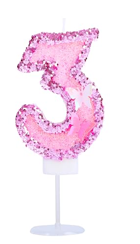 Kinsynko Geburtstagskerzen mit Zahl 3, 7,1 cm, groß, rosa Glitzer, Happy 3rd Birthday Cake Topper für drei Jahre Geburtstag, Hochzeit, Jahrestag, Party, Kuchendekoration von Kinsynko