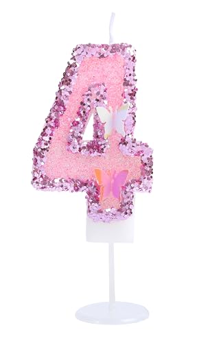 Kinsynko Geburtstagskerzen mit Zahl 4, 7,1 cm, groß, rosa Glitzer, Happy 4th Birthday, Kuchendekoration für vier Jahre Geburtstag, Hochzeit, Jahrestag, Party, Kuchendekoration von Kinsynko