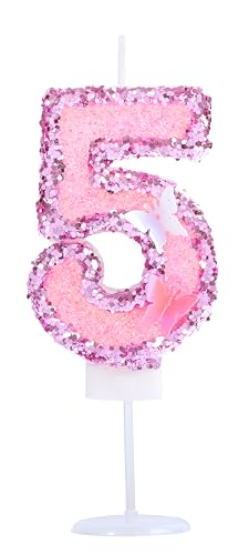 Kinsynko Geburtstagskerzen mit Zahl 5, 7,1 cm, groß, rosa, glitzernd, "Happy 5th Birthday", Kuchendekoration für fünf Jahre Geburtstag, Hochzeit, Jahrestag, Party, Kuchendekoration von Kinsynko
