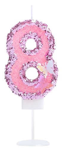 Kinsynko Geburtstagskerzen mit Zahl 8, 7,1 cm, groß, rosa Glitzer, Happy 8. Geburtstag, Kuchendekoration für acht Jahre Geburtstag, Hochzeit, Jahrestag, Party, Kuchendekoration von Kinsynko