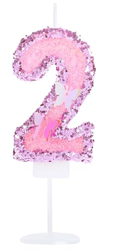 Kinsynko Geburtstagskerzen mit der Zahl 2, 7,1 cm, groß, rosa Glitzer, Happy 2nd Birthday, Kuchendekoration für zwei Jahre Geburtstag, Hochzeit, Jahrestag, Party, Kuchendekoration von Kinsynko