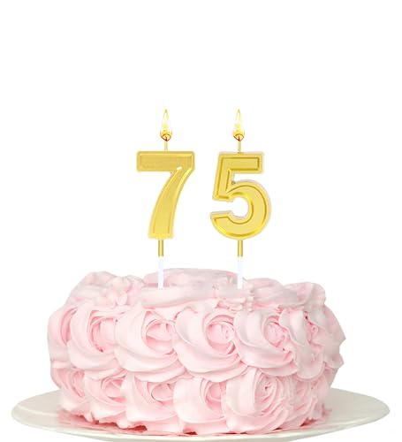 Kinsynko Geburtstagskerzen zum 75. Geburtstag, goldfarbene Zahl 75, "Happy Birthday", Tortenaufsatz für 75. Geburtstag, Party-Dekoration von Kinsynko