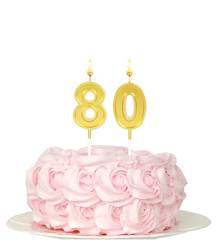 Kinsynko Geburtstagskerzen zum 80. Geburtstag, goldfarbene Zahl 80, Happy Birthday Tortenaufsatz für 80 Jahre Geburtstagsparty-Dekoration von Kinsynko