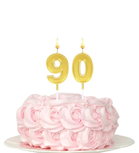 Kinsynko Geburtstagskerzen zum 90. Geburtstag, goldfarbene Zahl 90, Happy Birthday Kuchendekoration für 90. Geburtstag von Kinsynko