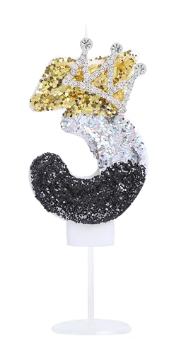 Kinsynko Krone 3 Geburtstagskerze Zahl 3 Kerze Geburtstag Mädchen Kleiner Prinz Prinzessin 3. Geburtstag Party Kuchen Deko, Schwarz Silber und Gold Glitzer von Kinsynko