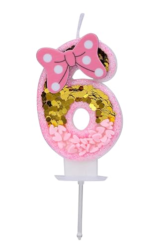 Kinsynko Rosa Schleife 6 Geburtstag Kerze 3D Nette Zahl 6 Kerze für Geburtstag Kuchen Mädchen Frauen Süßes Thema 6. Geburtstag Hochzeit Jahrestag Party Prinzessin Kuchen Dekoration von Kinsynko