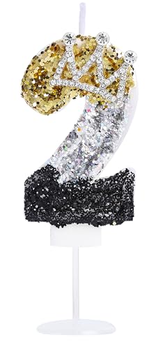 Kinsynko Geburtstagskerze Zahl 2 3D Krone 2 Kerze Geburtstag Mädchen Kleiner Prinz Prinzessin 2. Geburtstag Party Kuchen Dekoration, Schwarz Silber und Gold Glitzer Kinsynko Geburtstagskerze Zahl 2 3D Krone 2 Kerze Geburtstag Mädchen Kleiner Prinz Prinzessin 2. Geburtstag Party Kuchen Dekoration, Schwarz Silber und Gold Glitzer von Kinsynko