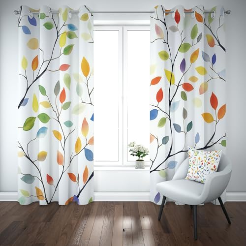 Kioldoq Zweig Farbig Verdunklungsvorhänge Mit Ösen Baum Bunt Blatt Vorhang Blickdicht 245x140cm, Natur Frühling Thermo Gardinen Schlafzimmer 2er Set, Curtain Kinderzimmer Wohnzimmer von Kioldoq