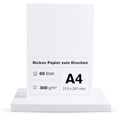 60 Blatt Dickes Papier 300g/m² A4 zum drucken Premium Papier Dickes zum Drucken Kartonpapier Tonkarton Pappe Weiß DIN A4-21 x 29,7 cm von Kiperline