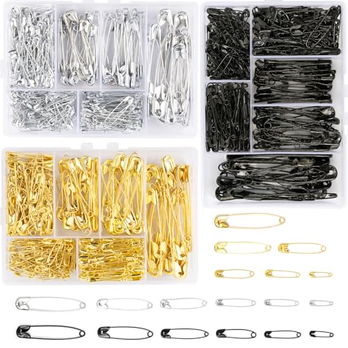 Kiperline 900 Stück Sicherheitsnadeln, 6 Größen, 18 mm bis 53 mm, rostbeständig, langlebige Sicherheitsnadeln für Kleidung, Handwerk, Nähen (Silber + Schwarz + Gold) von Kiperline