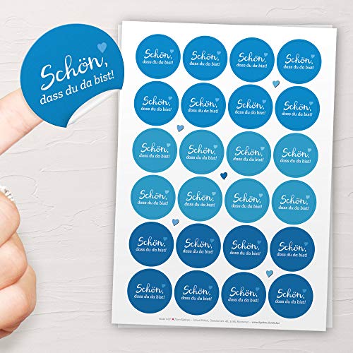48x Schön, dass du da bist Aufkleber BLAU, TÜRKIS - Sticker zur Gestaltung von Hochzeit oder Familienfeier - ideal zur Tischdeko oder Dekoration von Gastgeschenken - 4cm rund, mattes Papier 48x Schön, dass du da bist Aufkleber BLAU, TÜRKIS - Sticker zur Gestaltung von Hochzeit oder Familienfeier - ideal zur Tischdeko oder Dekoration von Gastgeschenken - 4cm rund, mattes Papier von Kipitan