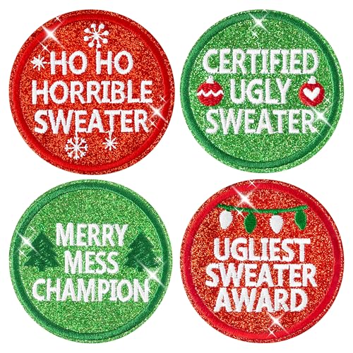 Aufnäher zum Aufbügeln mit Glitzer, für Weihnachten, hässlichster Pullover, Auszeichnungspreis, Aufnähen, Reparatur, bestickte Applikation, Weihnachten, Winterurlaub, saisonal, Rot und Grün Aufnäher zum Aufbügeln mit Glitzer, für Weihnachten, hässlichster Pullover, Auszeichnungspreis, Aufnähen, Reparatur, bestickte Applikation, Weihnachten, Winterurlaub, saisonal, Rot und Grün von Kirako