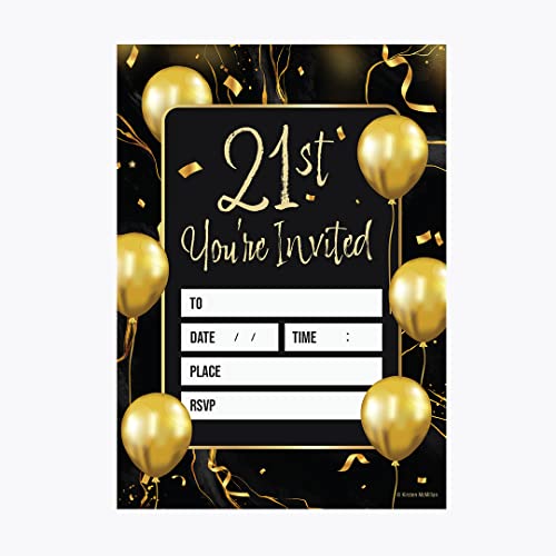 Kirsten McMillan 32 Schwarz Gold Luftballons Party Einladungen - Alter 21 Party Einladungen Erwachsene - A6 Geburtstag Party Einladungen mit Umschlägen - Entworfen und gedruckt in Großbritannien von Kirsten McMillan