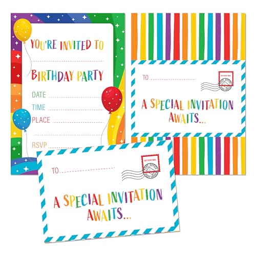 Kirsten McMillan 36 Regenbogen-Geburtstagsparty-Einladungen für Kinder – Packung mit 36 Regenbogen-Party-Einladungen für Mädchen und Jungen – entworfen und gedruckt in Großbritannien von Kirsten McMillan