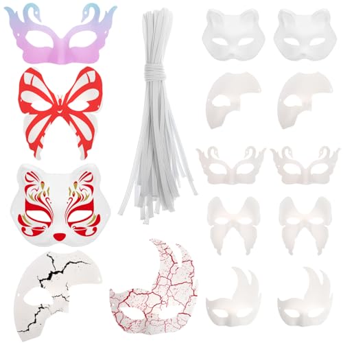 Kisangel 15er Set Masken zum Bemalen, weiße Papiermaske aus Zellstoff, DIY-Dekorationen für Party, Halloween, Karneval, Cosplay, Fasching von Kisangel