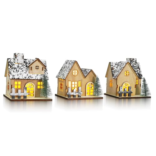 Kisangel 3 Teiliges Winterdorf Set aus Holz mit LED Beleuchtung Miniatur Weihnachtsdörfer mit Warmem Licht für Tischdekoration Kamin und Festliche Winterdeko von Kisangel