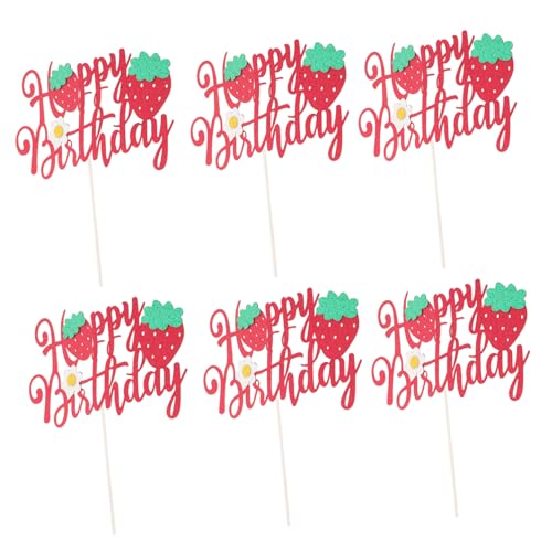 Kisangel 6 Stück Teiliges Erdbeer Kuchen Dekorationsset mit Glitter Happy Birthday Cake Topper Blumen Erdbeer Cupcake Picks für Mädchen Geburtstagsfeier Vielseitige Partydeko für Kuchen von Kisangel