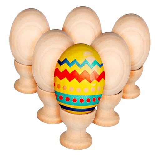 Kisangel 6 Stück Teiliges Holzeier mit Eiständern Glatte Unbehandelte Holz deko eier zum Bemalen Basteln und Dekorieren Vielseitige DIY Holzkunst Eier für Ostern und Kreative Geschenkideen von Kisangel