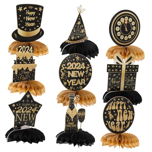 Kisangel 9 Stück Papierfächer Wabenbälle 2024 Neujahrs Tischaufsatz Tafelaufsätze Party Silvester Tischdekoration Ornament Neujahrs Themenschmuck Neujahrsschmuck Schwarz von Kisangel