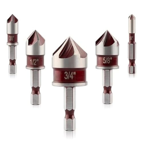 Kissmii 5-Teiliges Senkbohrer-Set, 82 Grad 5-Schneidiger HSS-Senkbohrer, 1/4, 3/8, 1/2, 5/8, 3/4 von Kissmii