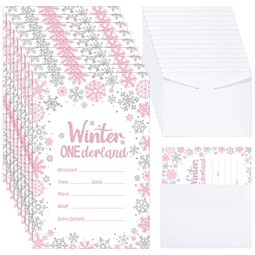 25 Stück Winter Onederland Geburtstagsparty-Einladungen mit Umschlägen zum ersten Geburtstag Dekorationen Winter Schneeflocken Silber Rosa Einladungen für Mädchen Urlaub Winter 1. Geburtstag Party von Kisston