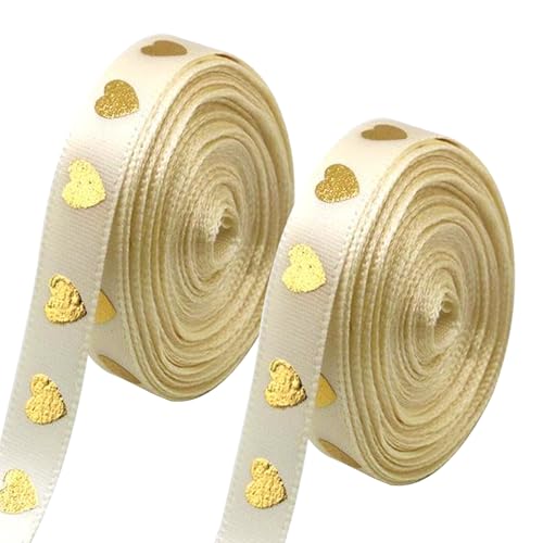 2 Rollen 10m Schleifenband, 1cm Geschenkband mit Goldenen Herzen, Satinband Bänder für Geschenkverpackungen, Hochzeiten, Bastelarbeiten, Blumenstraußdekoration, Beige von Kisstta