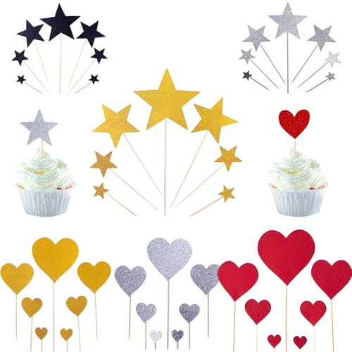 42 Stück Geburtstag Deko, 3 Farben Herzen und Sternen Birthday Decorations, Muffin Deko, Happy Birthday Tortendeko für Geburtstag Party, Cocktails, Hochzeiten, Kindergeburtstage (Gelb 1) von Kisstta