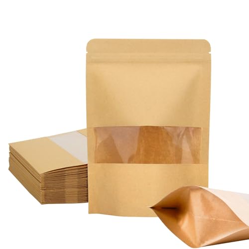 45 PCS Papiertüten Mit Fenster Kraftpapiertüten, Kraftpapiertüten Mit Fenster, Standbeutel Aus Kraftpapier, Braun Verschließbare Für Nüsse Kaffeebohnen Teeblätter Süßigkeiten Snacks(9 * 14cm) von Kisstta